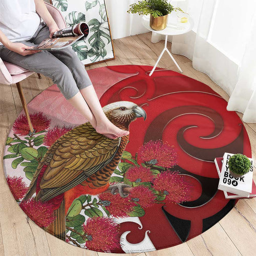 New Zealand Parrot Kaka Round Carpet Maori Koru With Pohutukawa Flowers - Aussie Hoodie