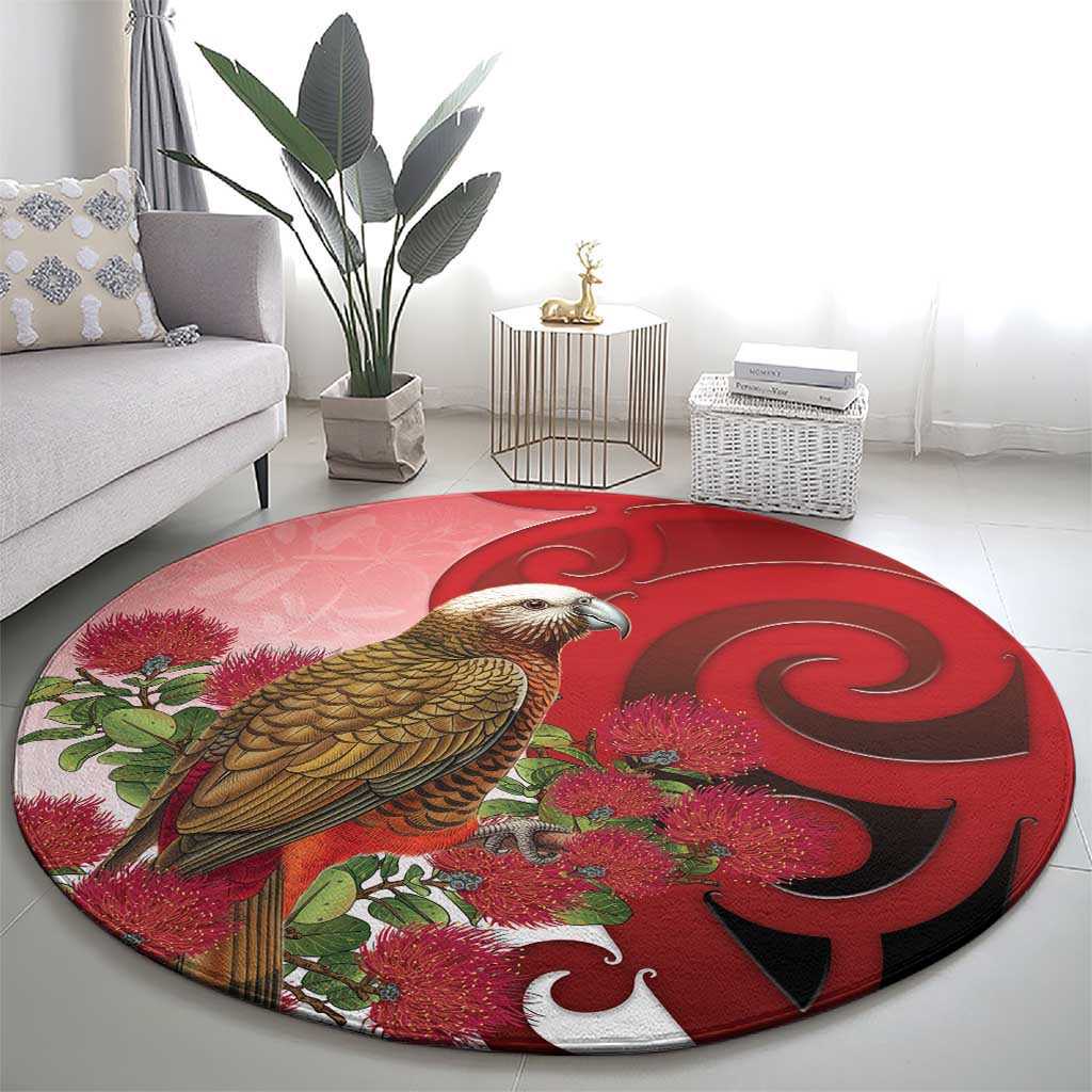 New Zealand Parrot Kaka Round Carpet Maori Koru With Pohutukawa Flowers - Aussie Hoodie