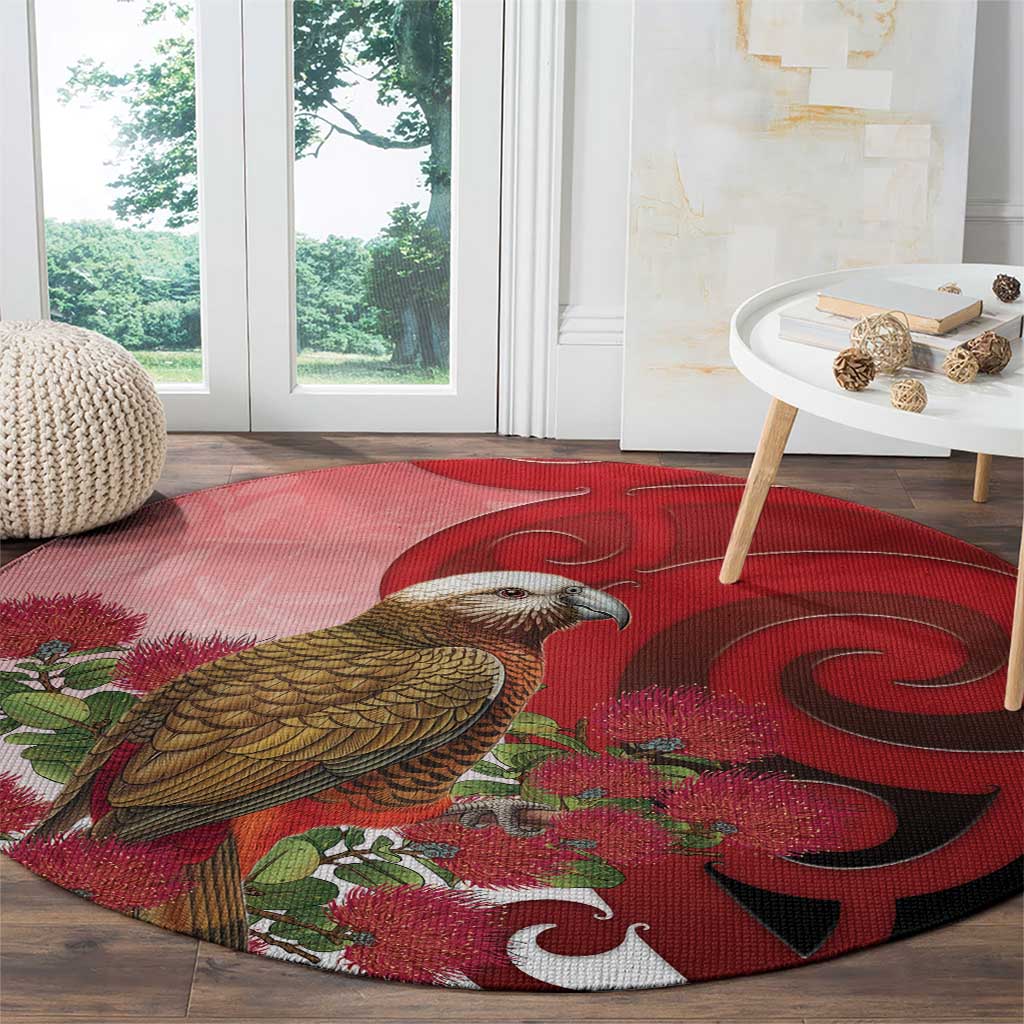 New Zealand Parrot Kaka Round Carpet Maori Koru With Pohutukawa Flowers - Aussie Hoodie