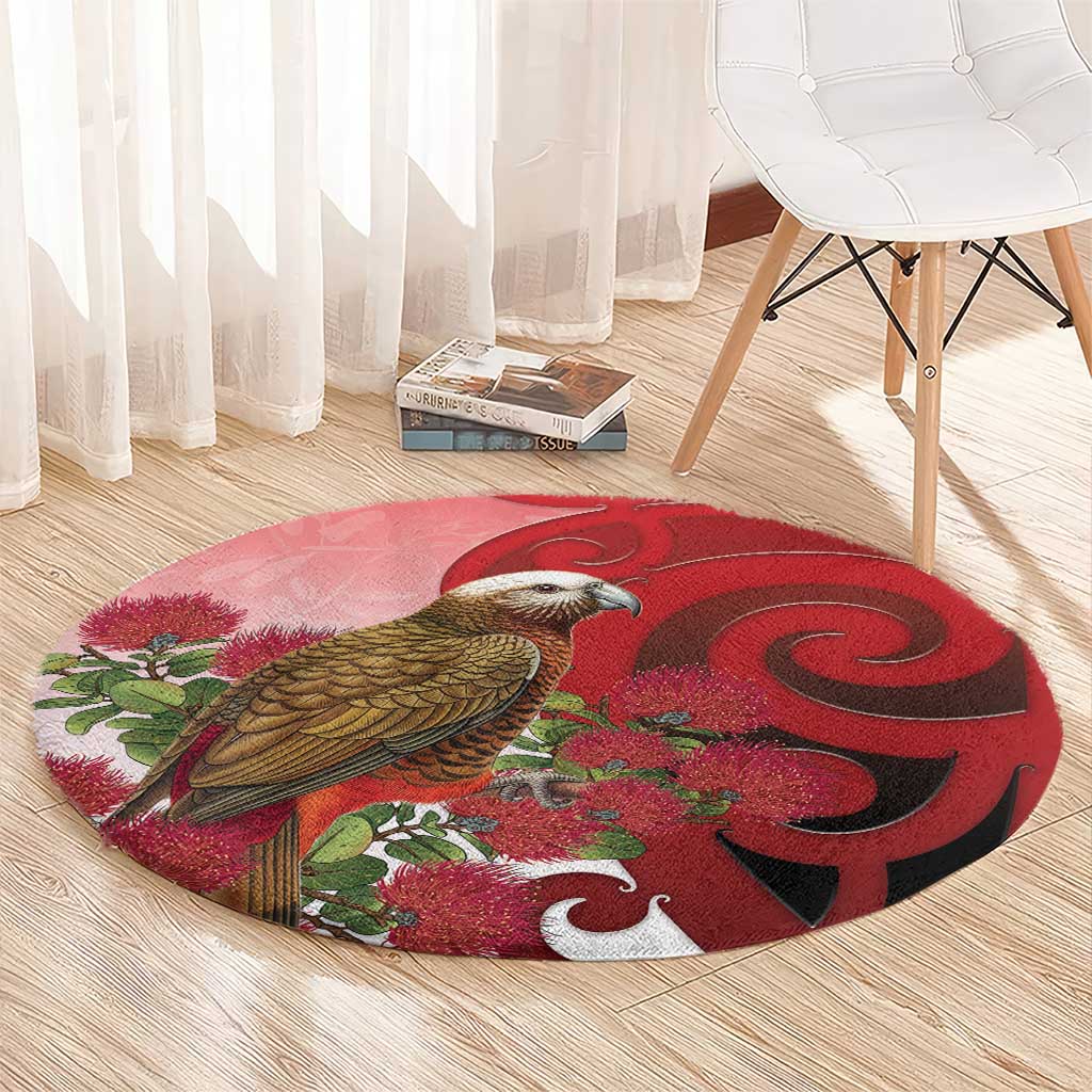 New Zealand Parrot Kaka Round Carpet Maori Koru With Pohutukawa Flowers - Aussie Hoodie