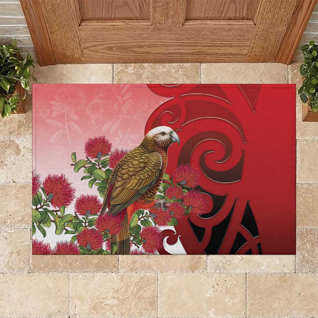 New Zealand Parrot Kaka Rubber Doormat Maori Koru With Pohutukawa Flowers - Aussie Hoodie