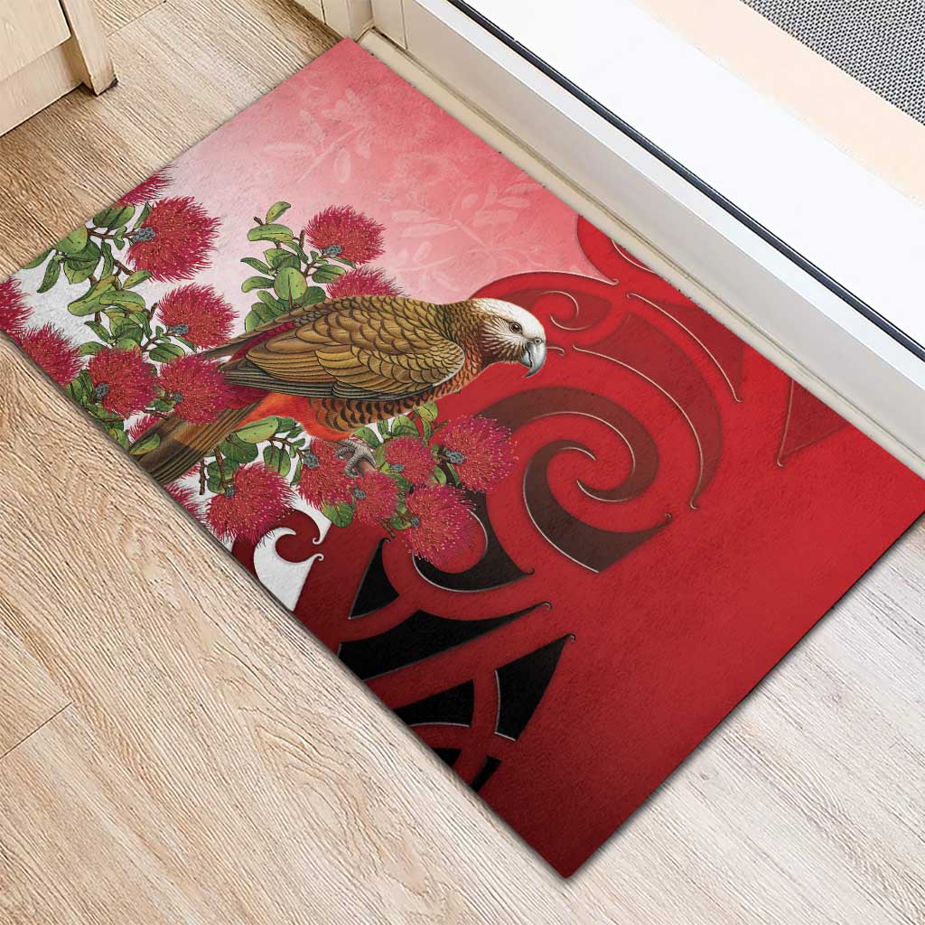 New Zealand Parrot Kaka Rubber Doormat Maori Koru With Pohutukawa Flowers - Aussie Hoodie