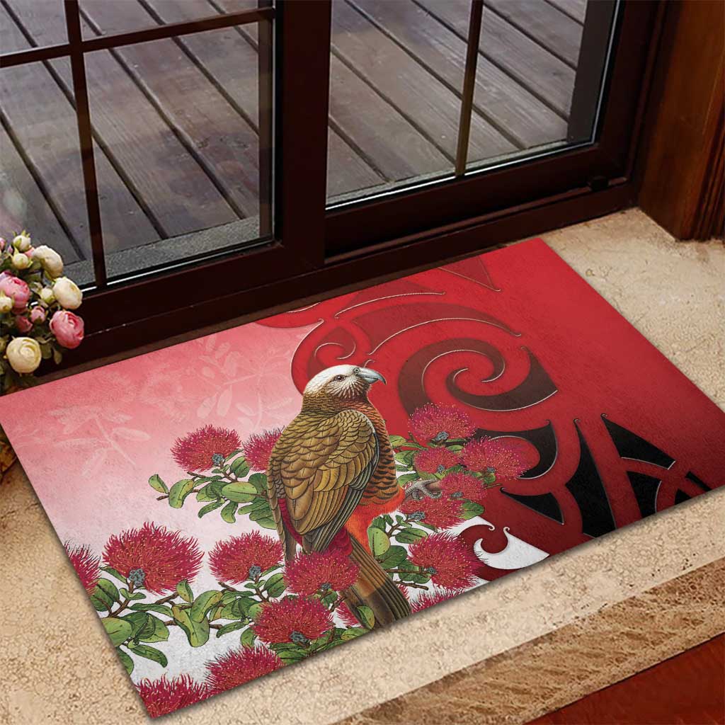 New Zealand Parrot Kaka Rubber Doormat Maori Koru With Pohutukawa Flowers - Aussie Hoodie