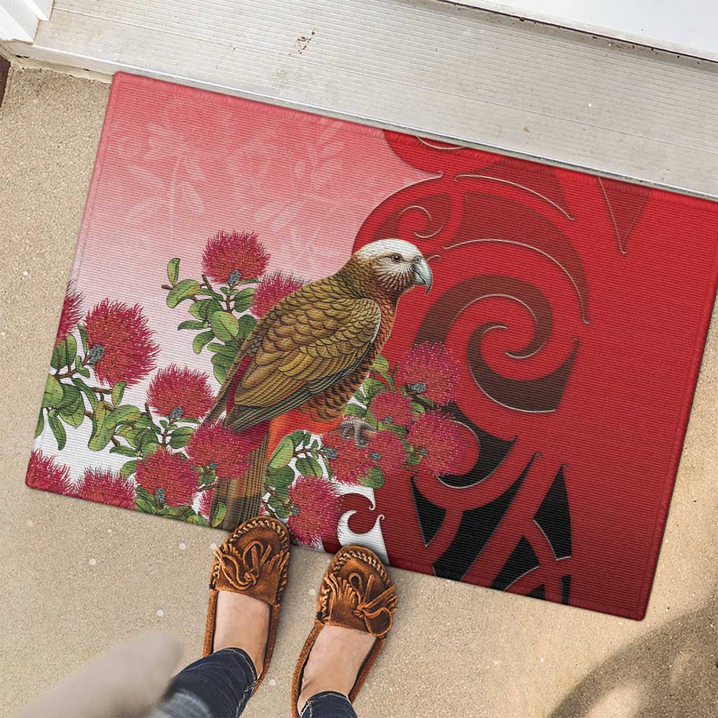 New Zealand Parrot Kaka Rubber Doormat Maori Koru With Pohutukawa Flowers - Aussie Hoodie
