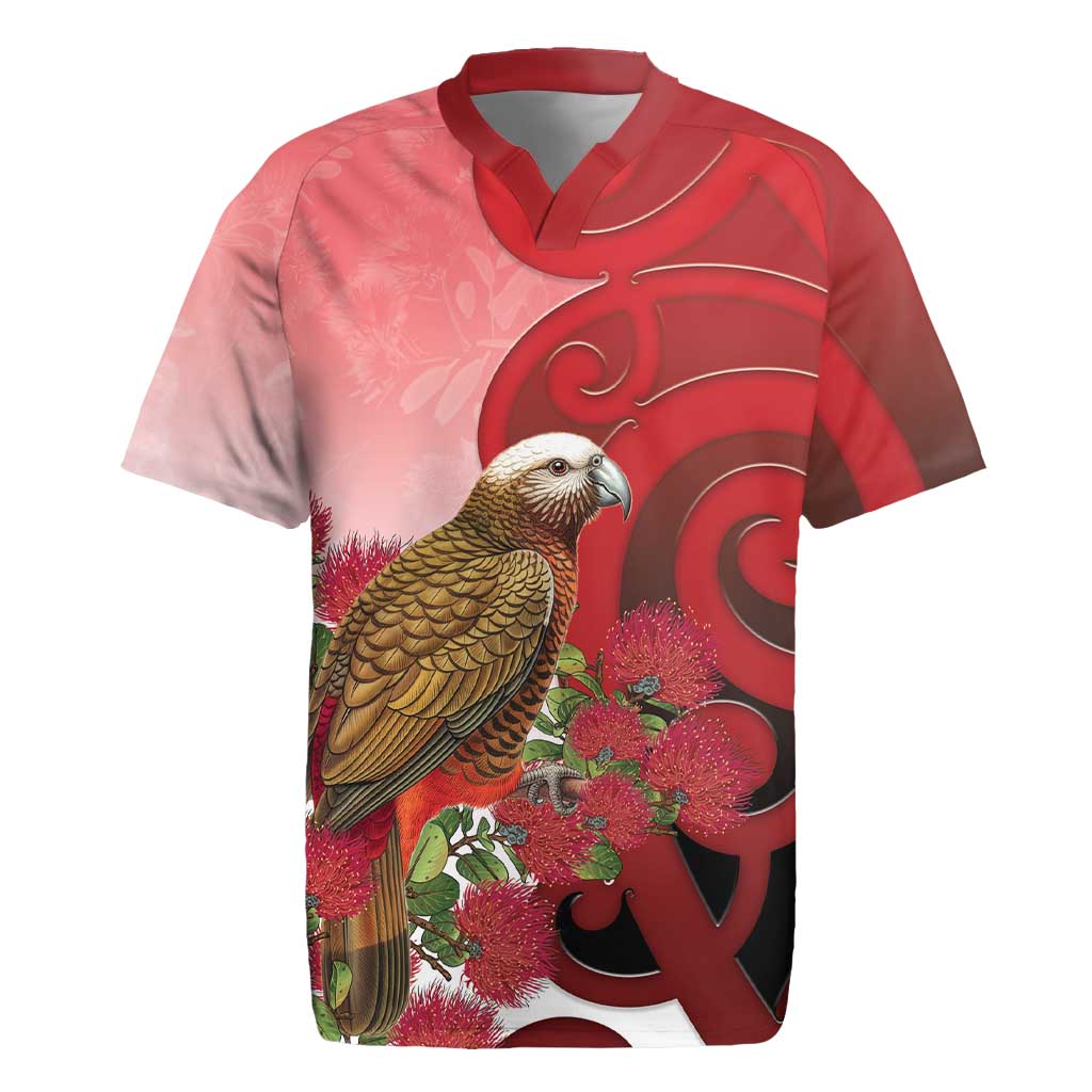 New Zealand Parrot Kaka Rugby Jersey Maori Koru With Pohutukawa Flowers - Aussie Hoodie