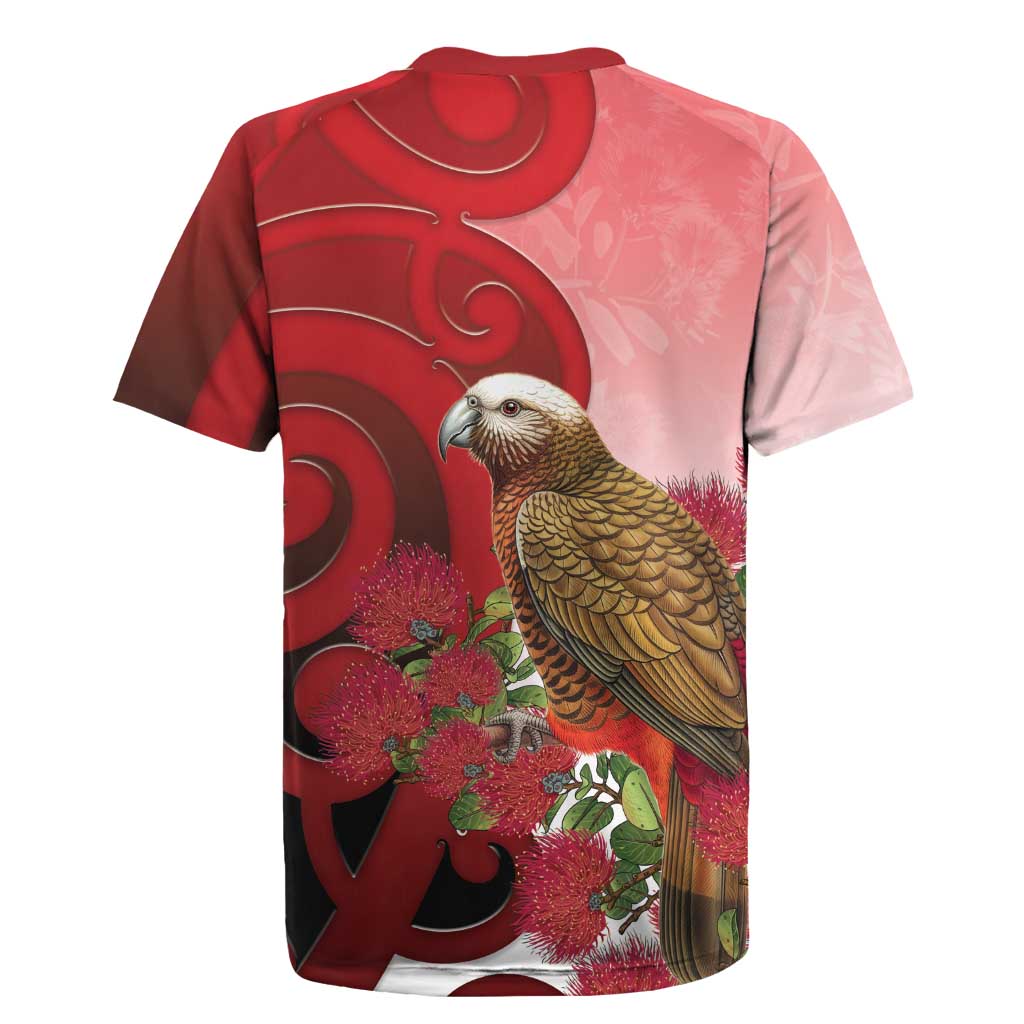 New Zealand Parrot Kaka Rugby Jersey Maori Koru With Pohutukawa Flowers - Aussie Hoodie