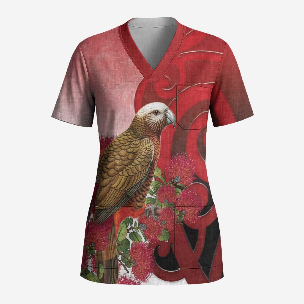 New Zealand Parrot Kaka Scrub Top Maori Koru With Pohutukawa Flowers - Aussie Hoodie