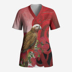New Zealand Parrot Kaka Scrub Top Maori Koru With Pohutukawa Flowers - Aussie Hoodie