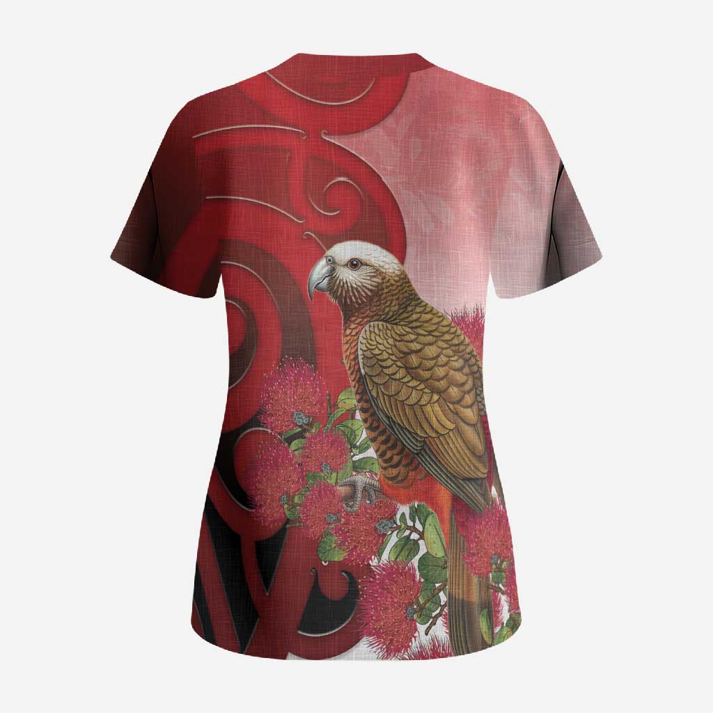 New Zealand Parrot Kaka Scrub Top Maori Koru With Pohutukawa Flowers - Aussie Hoodie