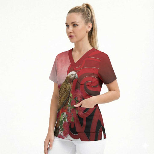New Zealand Parrot Kaka Scrub Top Maori Koru With Pohutukawa Flowers - Aussie Hoodie