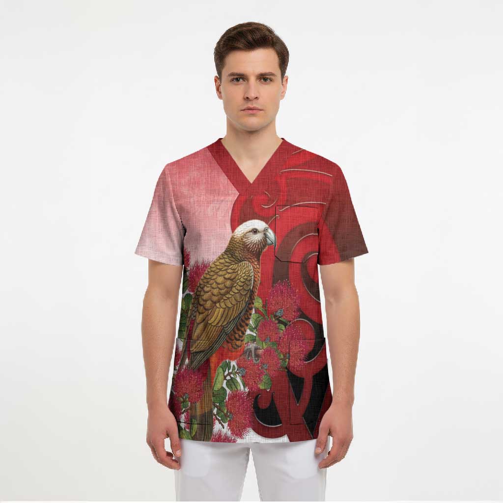 New Zealand Parrot Kaka Scrub Top Maori Koru With Pohutukawa Flowers - Aussie Hoodie