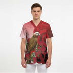 New Zealand Parrot Kaka Scrub Top Maori Koru With Pohutukawa Flowers - Aussie Hoodie
