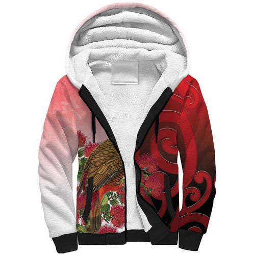 New Zealand Parrot Kaka Sherpa Hoodie Maori Koru With Pohutukawa Flowers - Aussie Hoodie