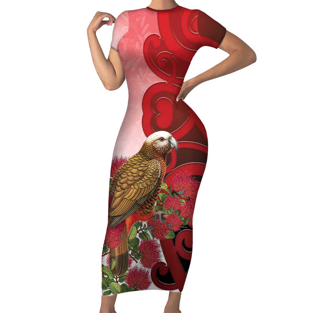New Zealand Parrot Kaka Short Sleeve Bodycon Dress Maori Koru With Pohutukawa Flowers - Aussie Hoodie