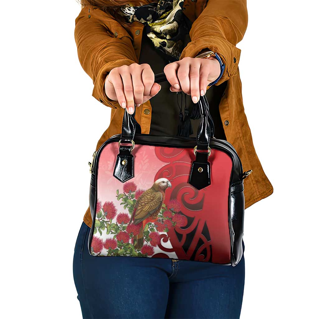 New Zealand Parrot Kaka Shoulder Handbag Maori Koru With Pohutukawa Flowers - Aussie Hoodie
