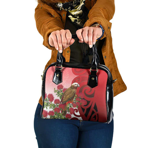 New Zealand Parrot Kaka Shoulder Handbag Maori Koru With Pohutukawa Flowers - Aussie Hoodie