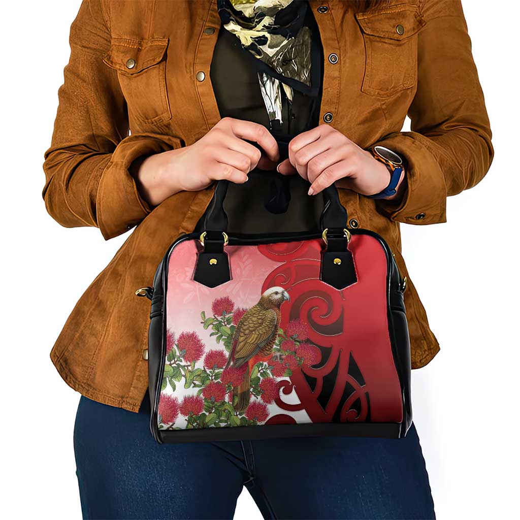 New Zealand Parrot Kaka Shoulder Handbag Maori Koru With Pohutukawa Flowers - Aussie Hoodie
