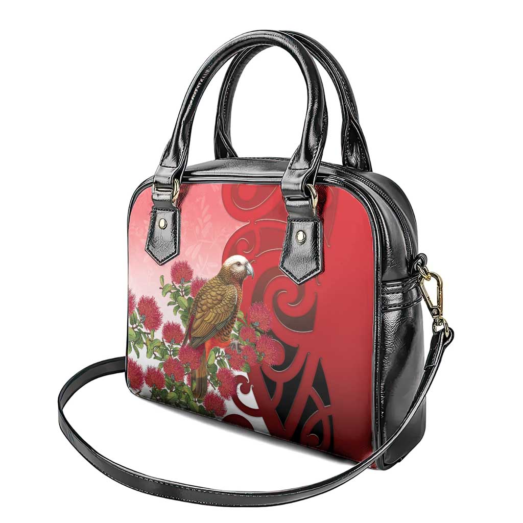 New Zealand Parrot Kaka Shoulder Handbag Maori Koru With Pohutukawa Flowers - Aussie Hoodie