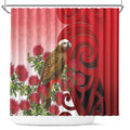 New Zealand Parrot Kaka Shower Curtain Maori Koru With Pohutukawa Flowers - Aussie Hoodie