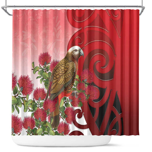New Zealand Parrot Kaka Shower Curtain Maori Koru With Pohutukawa Flowers - Aussie Hoodie