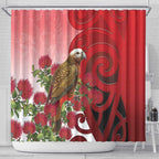 New Zealand Parrot Kaka Shower Curtain Maori Koru With Pohutukawa Flowers - Aussie Hoodie