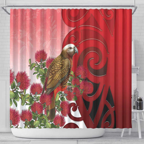 New Zealand Parrot Kaka Shower Curtain Maori Koru With Pohutukawa Flowers - Aussie Hoodie
