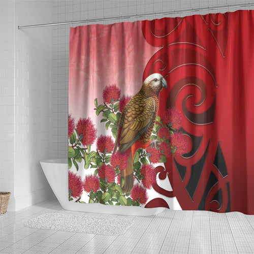 New Zealand Parrot Kaka Shower Curtain Maori Koru With Pohutukawa Flowers - Aussie Hoodie