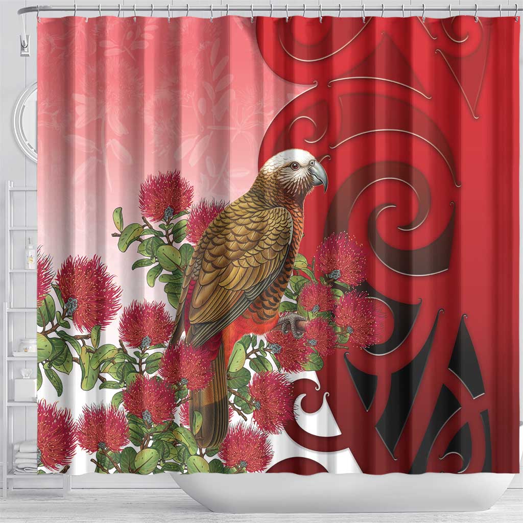New Zealand Parrot Kaka Shower Curtain Maori Koru With Pohutukawa Flowers - Aussie Hoodie