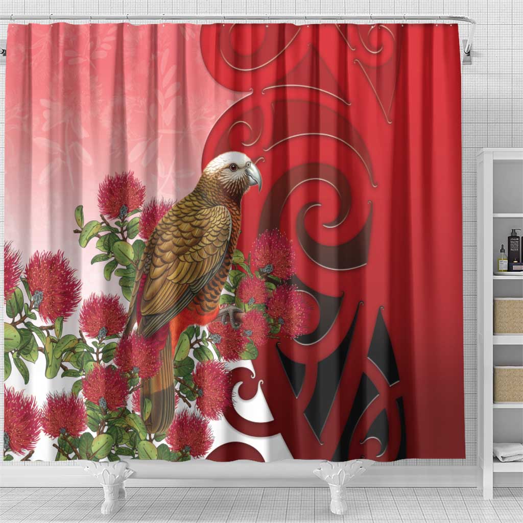 New Zealand Parrot Kaka Shower Curtain Maori Koru With Pohutukawa Flowers - Aussie Hoodie