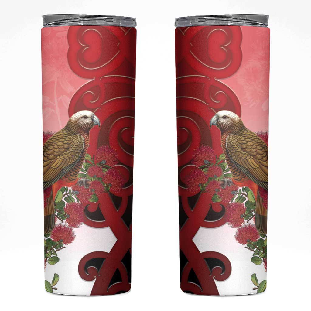 New Zealand Parrot Kaka Skinny Tumbler Maori Koru With Pohutukawa Flowers - Aussie Hoodie