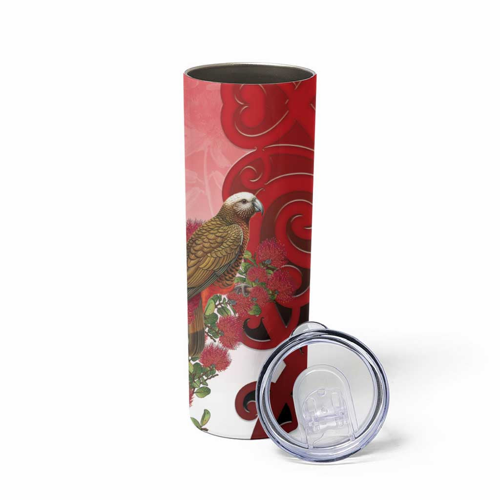 New Zealand Parrot Kaka Skinny Tumbler Maori Koru With Pohutukawa Flowers - Aussie Hoodie