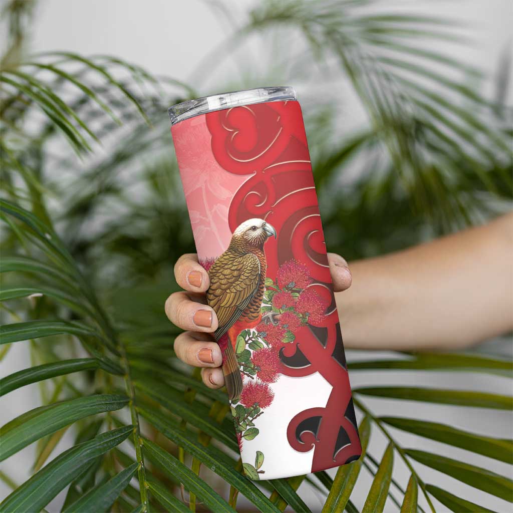 New Zealand Parrot Kaka Skinny Tumbler Maori Koru With Pohutukawa Flowers - Aussie Hoodie