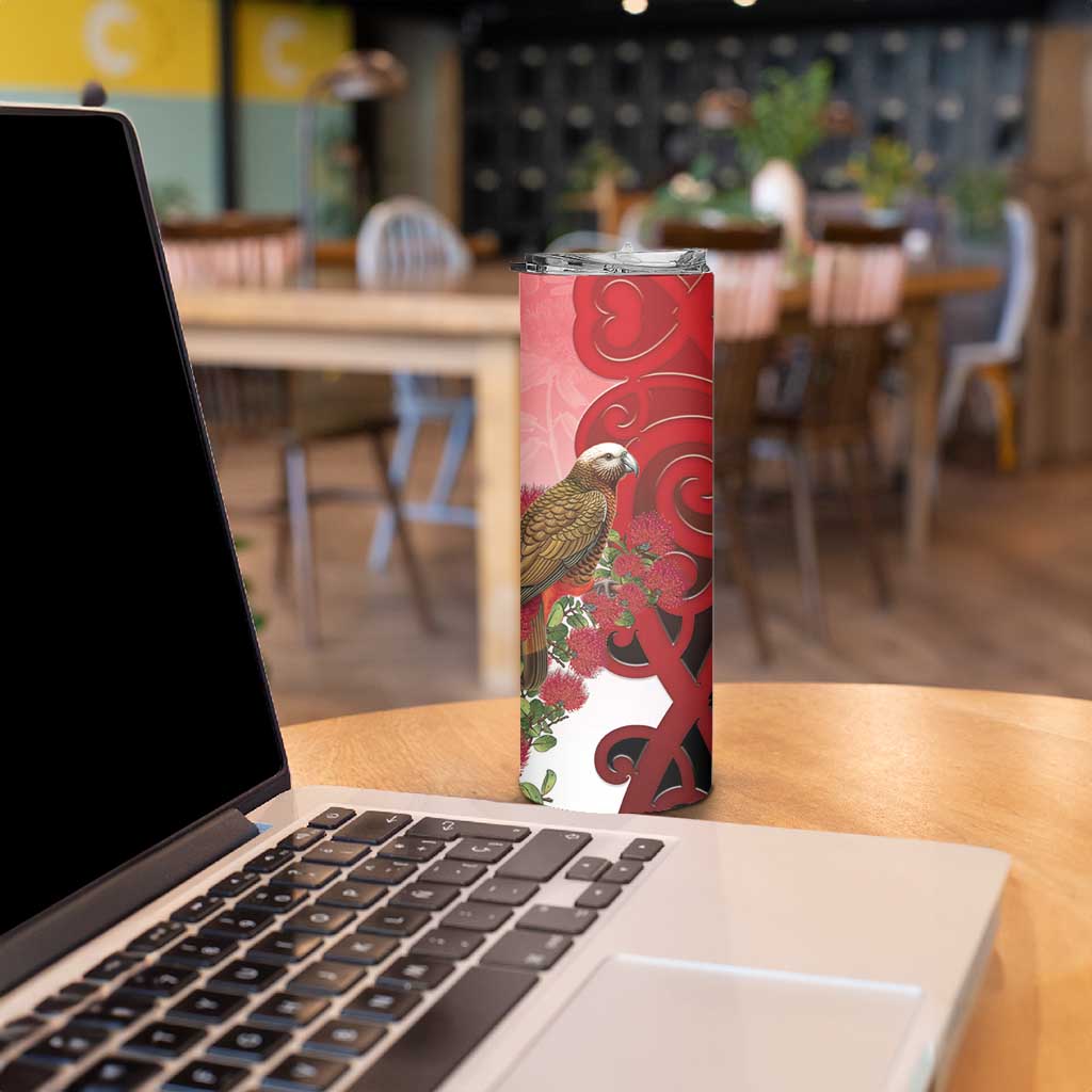 New Zealand Parrot Kaka Skinny Tumbler Maori Koru With Pohutukawa Flowers - Aussie Hoodie