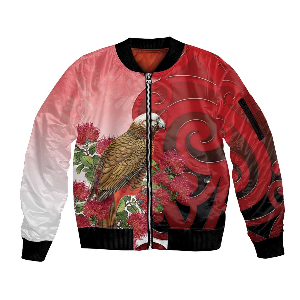 New Zealand Parrot Kaka Sleeve Zip Bomber Jacket Maori Koru With Pohutukawa Flowers - Aussie Hoodie