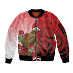 New Zealand Parrot Kaka Sleeve Zip Bomber Jacket Maori Koru With Pohutukawa Flowers - Aussie Hoodie