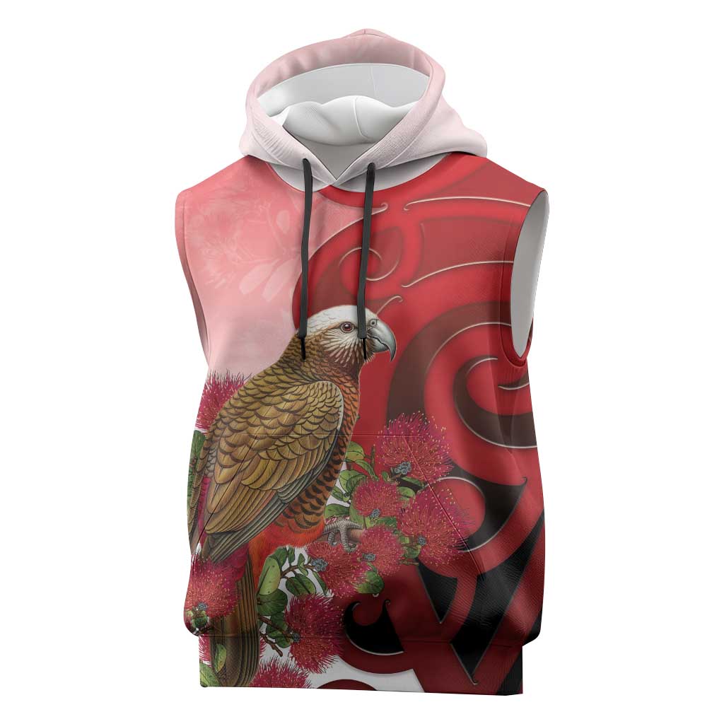 New Zealand Parrot Kaka Sleeveless Hoodie Maori Koru With Pohutukawa Flowers - Aussie Hoodie