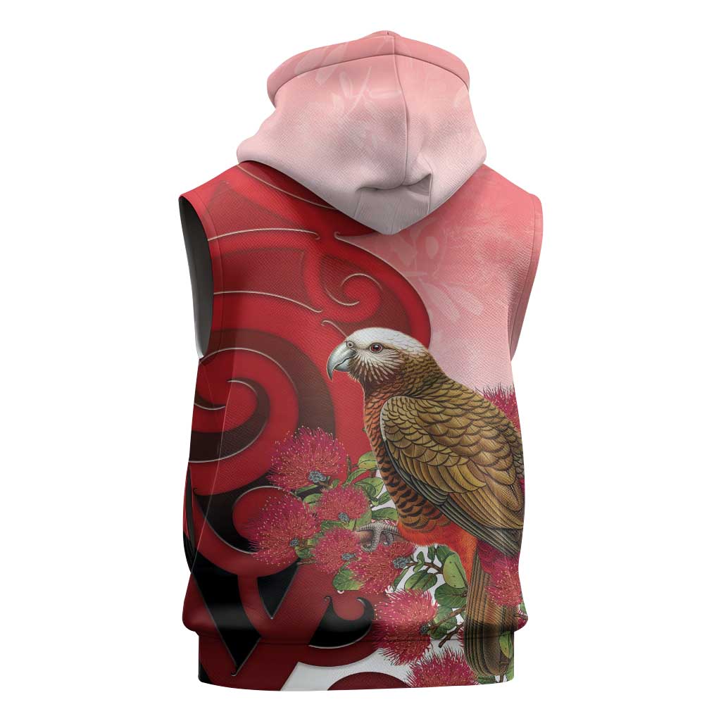 New Zealand Parrot Kaka Sleeveless Hoodie Maori Koru With Pohutukawa Flowers - Aussie Hoodie