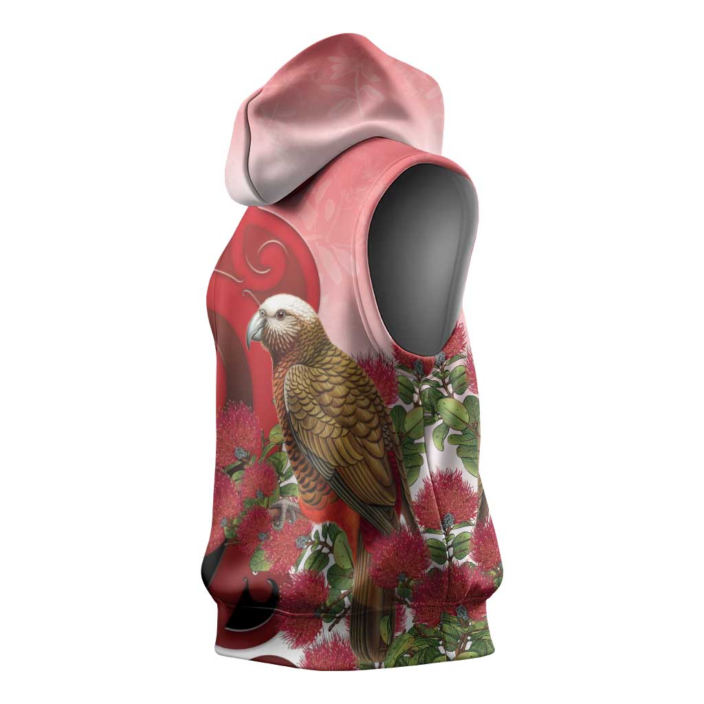 New Zealand Parrot Kaka Sleeveless Hoodie Maori Koru With Pohutukawa Flowers - Aussie Hoodie