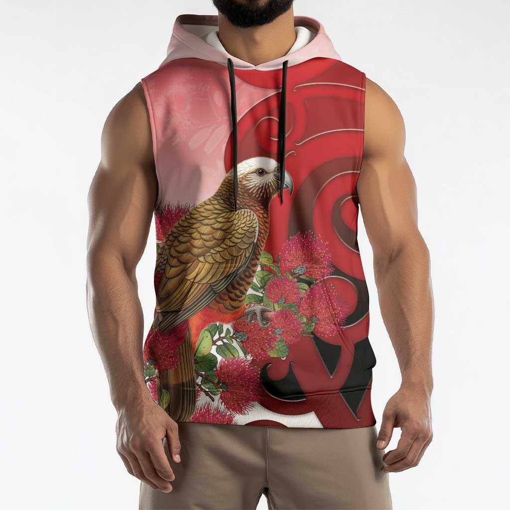 New Zealand Parrot Kaka Sleeveless Hoodie Maori Koru With Pohutukawa Flowers - Aussie Hoodie