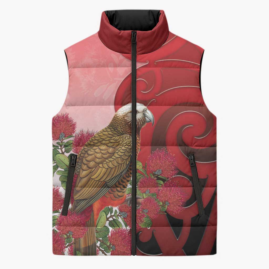 New Zealand Parrot Kaka Sleeveless Puffer Jacket Maori Koru With Pohutukawa Flowers - Aussie Hoodie
