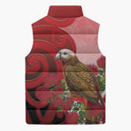 New Zealand Parrot Kaka Sleeveless Puffer Jacket Maori Koru With Pohutukawa Flowers - Aussie Hoodie