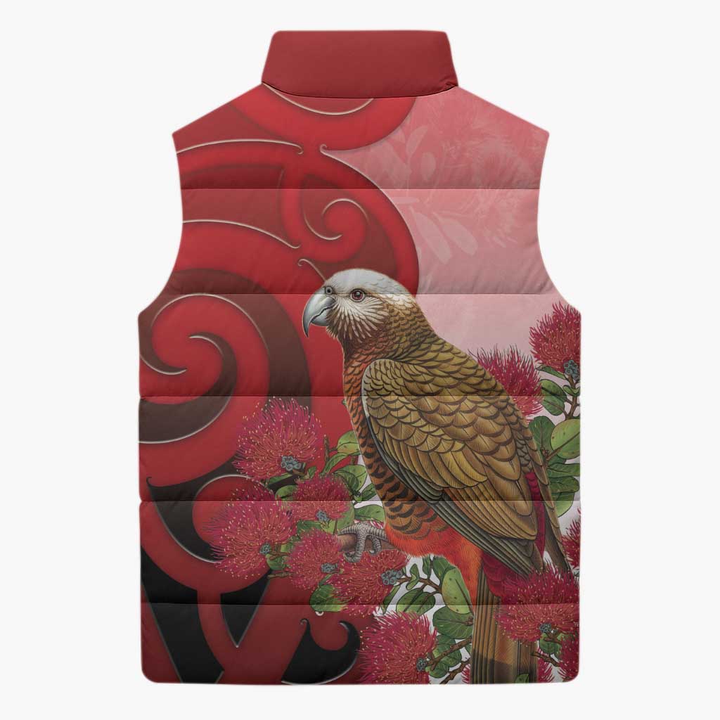 New Zealand Parrot Kaka Sleeveless Puffer Jacket Maori Koru With Pohutukawa Flowers - Aussie Hoodie