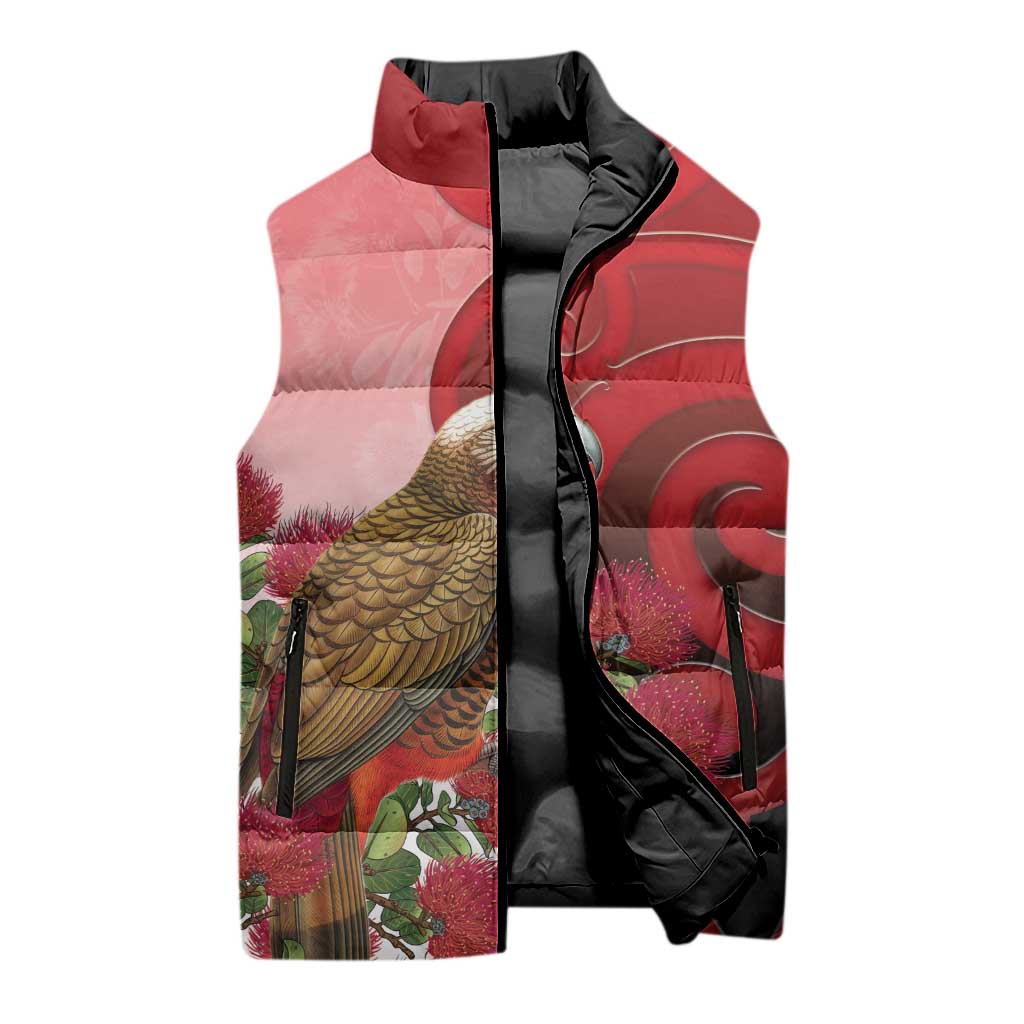 New Zealand Parrot Kaka Sleeveless Puffer Jacket Maori Koru With Pohutukawa Flowers - Aussie Hoodie