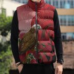 New Zealand Parrot Kaka Sleeveless Puffer Jacket Maori Koru With Pohutukawa Flowers - Aussie Hoodie