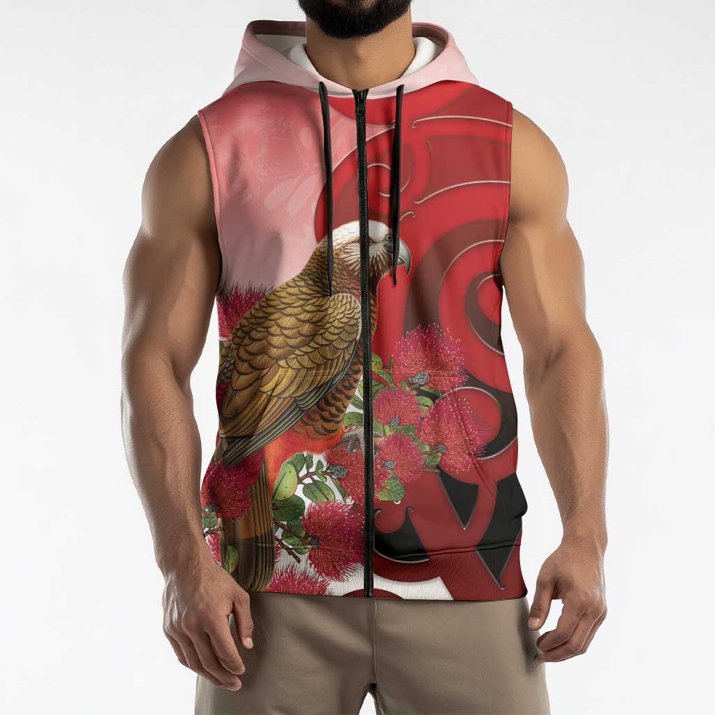 New Zealand Parrot Kaka Sleeveless Zip Hoodie Maori Koru With Pohutukawa Flowers - Aussie Hoodie