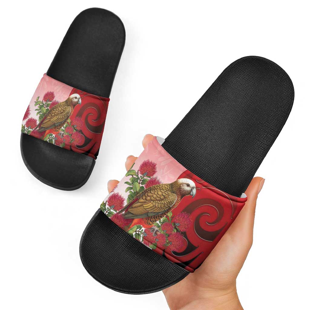 New Zealand Parrot Kaka Slide Sandals Maori Koru With Pohutukawa Flowers - Aussie Hoodie