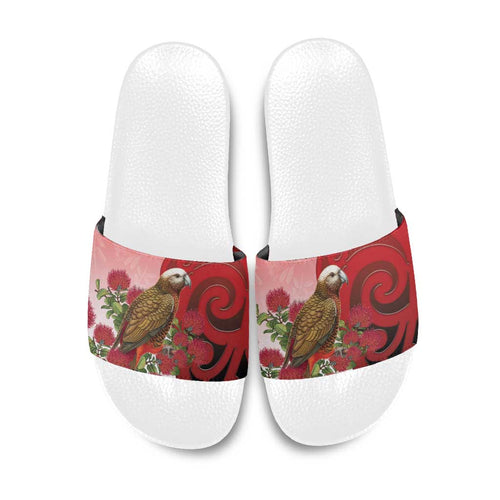 New Zealand Parrot Kaka Slide Sandals Maori Koru With Pohutukawa Flowers - Aussie Hoodie