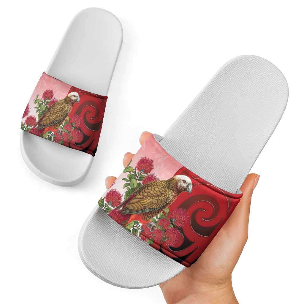 New Zealand Parrot Kaka Slide Sandals Maori Koru With Pohutukawa Flowers - Aussie Hoodie