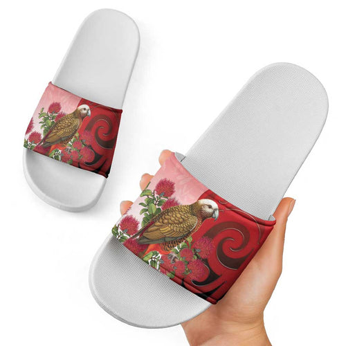 New Zealand Parrot Kaka Slide Sandals Maori Koru With Pohutukawa Flowers - Aussie Hoodie