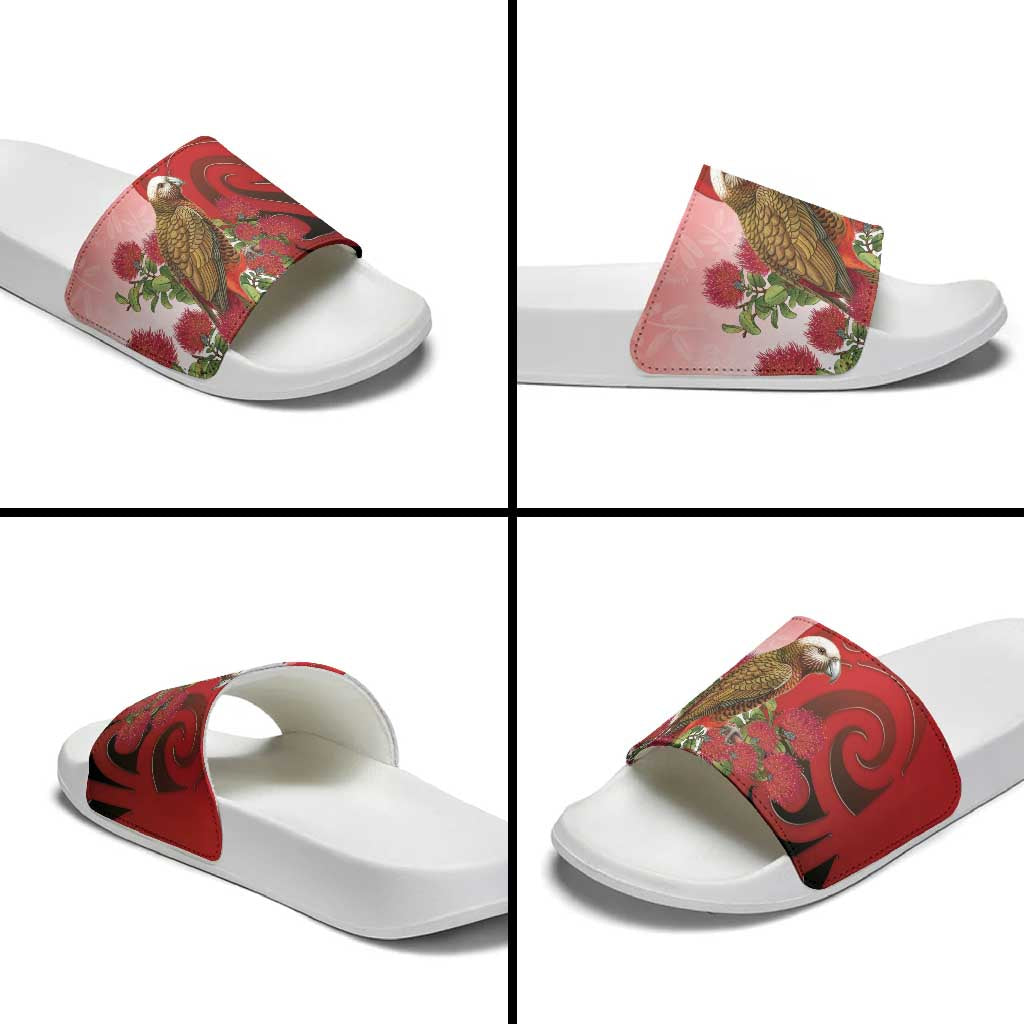 New Zealand Parrot Kaka Slide Sandals Maori Koru With Pohutukawa Flowers - Aussie Hoodie